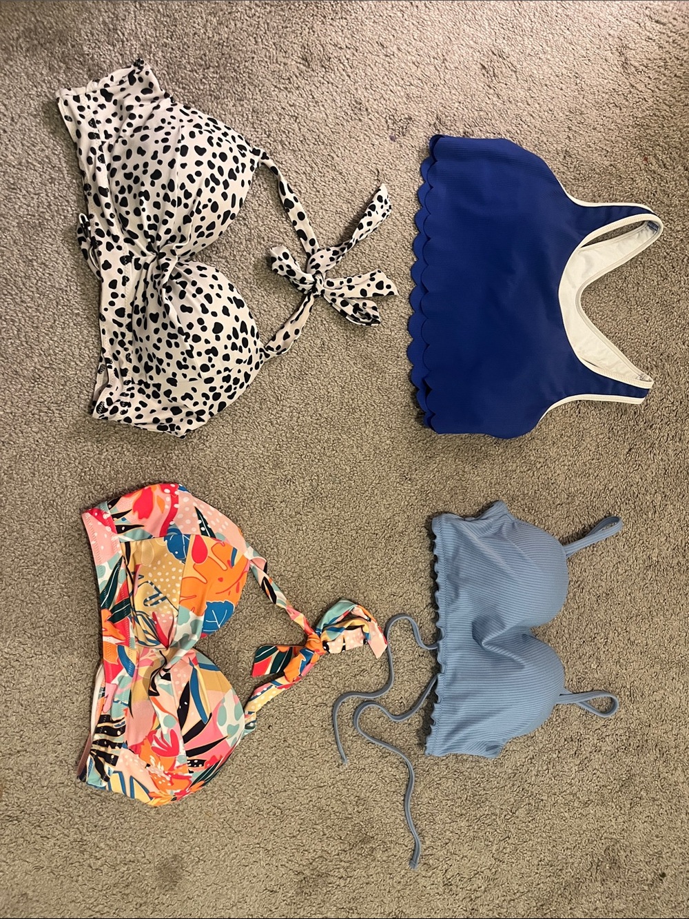 Size Large Bikini Top Lot - Royal Blue, White w/ Black, Multicolor, Light Blue
